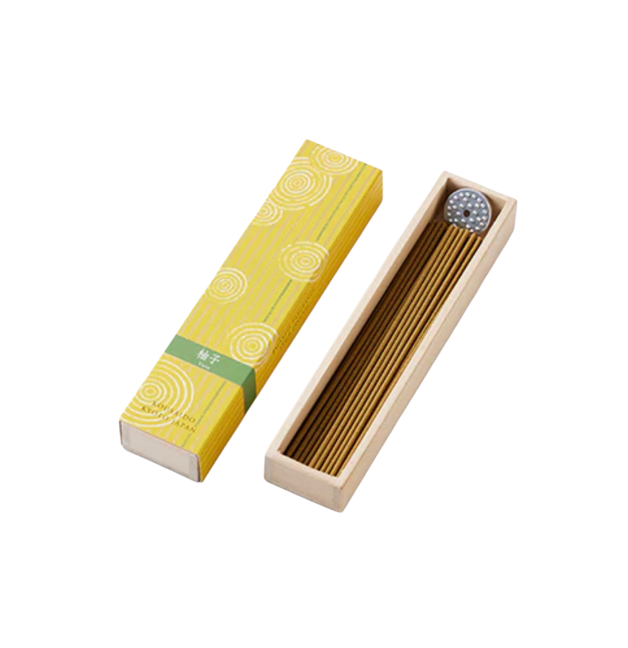 KOUSAIDO – Hyakuraku-ka Yuzu JAPOŃSKA CYTRYNA (40 szt. + aluminiowa podstawka na kadzidło)