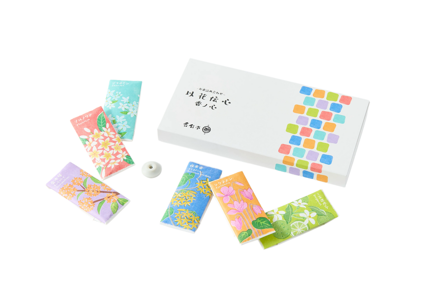 KOUSAIDO – Ikadenshin Zestaw zapachów Kō no Kokoro (6x6 szt. + podstawka na kadzidło)