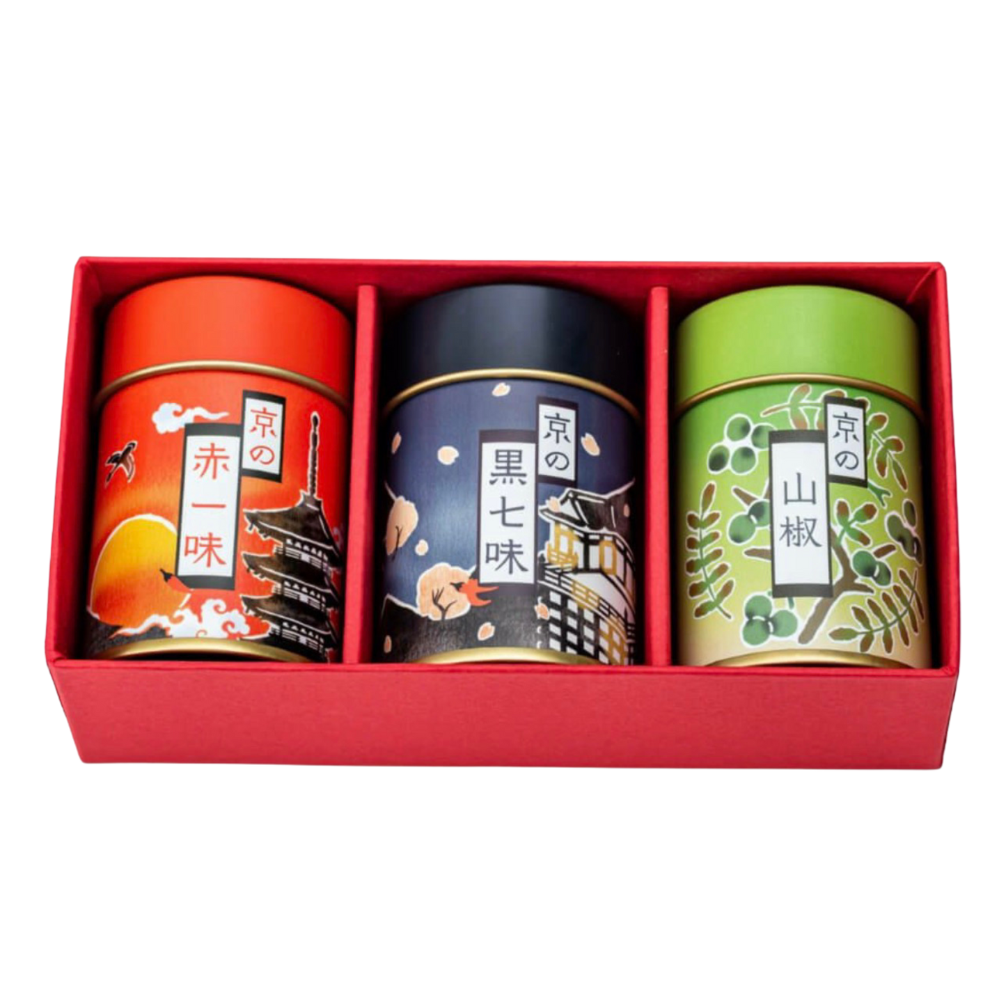 Zestaw trzech puszek przypraw 京薬味 (Kyō yakumi – przyprawy z Kioto)