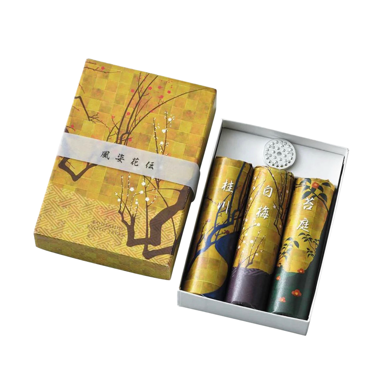 KOUSAIDO – Katsuragawa / Taikō / Hakubaikō – zestaw mieszany kadzidełek (3x15 szt. + aluminiowa podstawka na kadzidło)