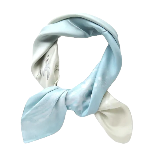 HANA Jedwabna chusta „uczta kwiatów” z motywem ptaka i fal w jasnoniebieskim kolorze