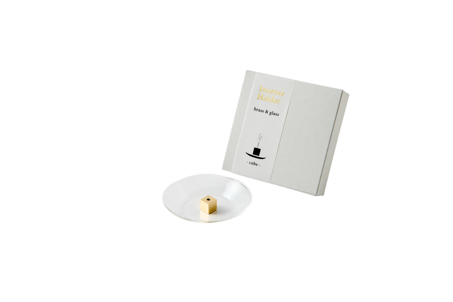 Mosiężna podstawka Kostka i szklana miseczka na kadzidło