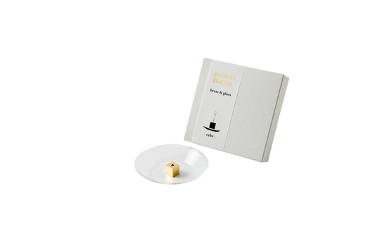 Mosiężna podstawka Kostka i szklana miseczka na kadzidło