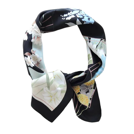 HANA Jedwabna chusta „uczta kwiatów” z motywem wachlarza w kolorze czarnego tuszu