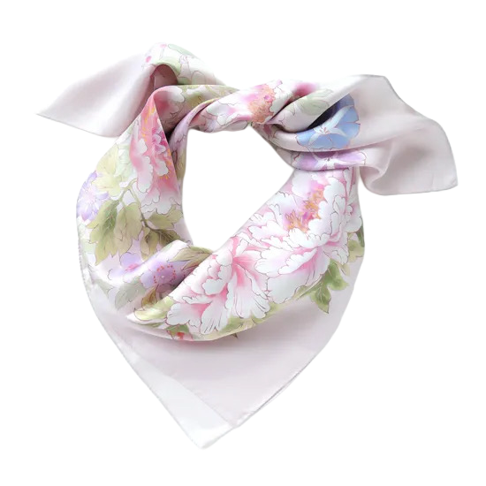 HANA Jedwabna chusta „uczta kwiatów” z motywem kwiatów i ptaków w jasnoróżowym kolorze