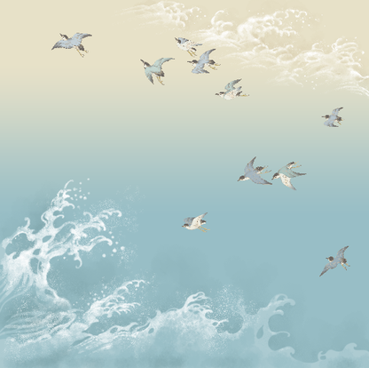 HANA Jedwabna chusta „uczta kwiatów” z motywem ptaka i fal w jasnoniebieskim kolorze