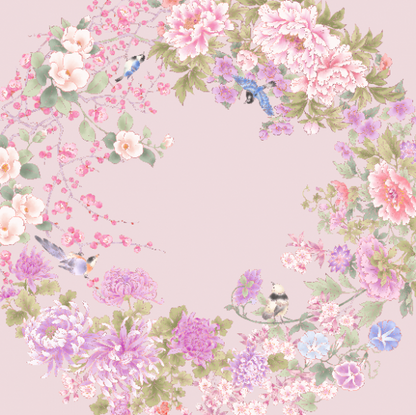 HANA Jedwabna chusta „uczta kwiatów” z motywem kwiatów i ptaków w jasnoróżowym kolorze