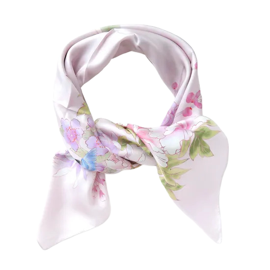 HANA Jedwabna chusta „uczta kwiatów” z motywem kwiatów i ptaków w jasnoróżowym kolorze