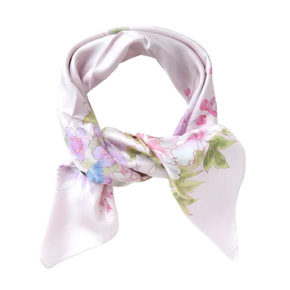 HANA Jedwabna chusta „uczta kwiatów” z motywem kwiatów i ptaków w jasnoróżowym kolorze