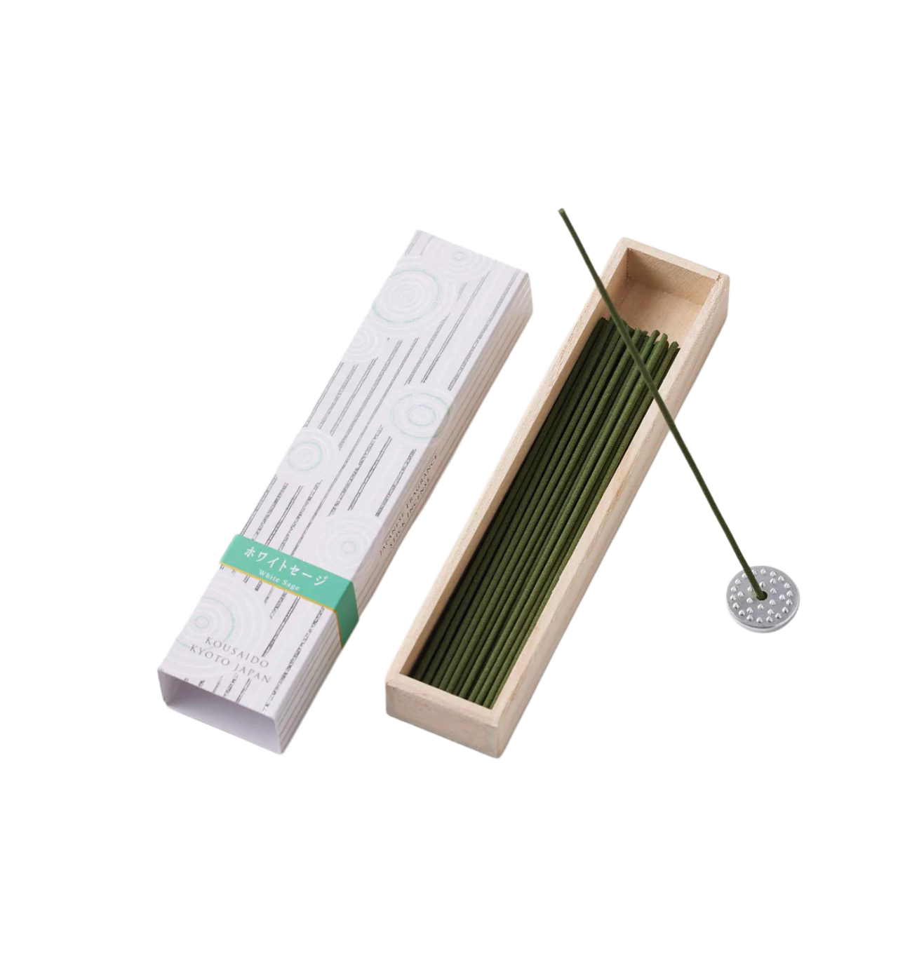 KOUSAIDO – Hyakuraku-ka White Sage BIAŁA SZAŁWIA (40 szt. + aluminiowa podstawka na kadzidło)