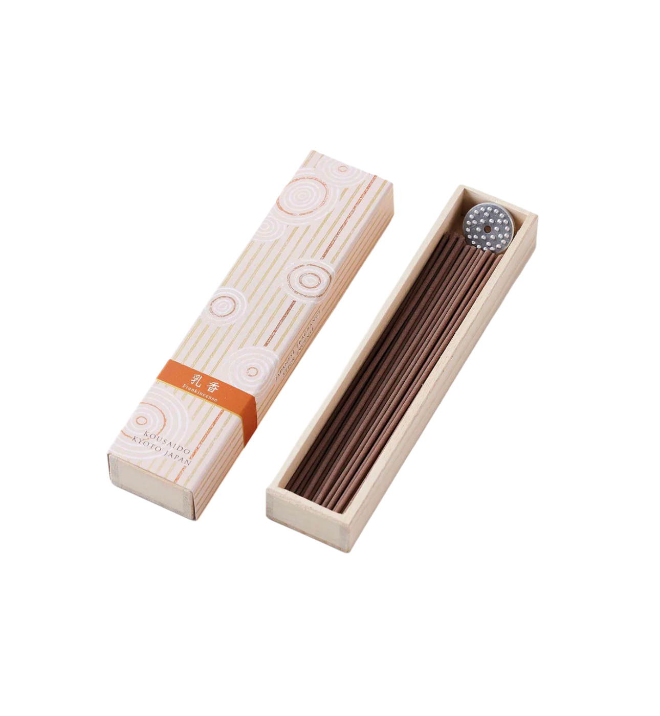 KOUSAIDO – Hyakuraku-ka Nyūkō ŻYWICA KADZIDŁOWA (40 szt. + aluminiowa podstawka na kadzidło)