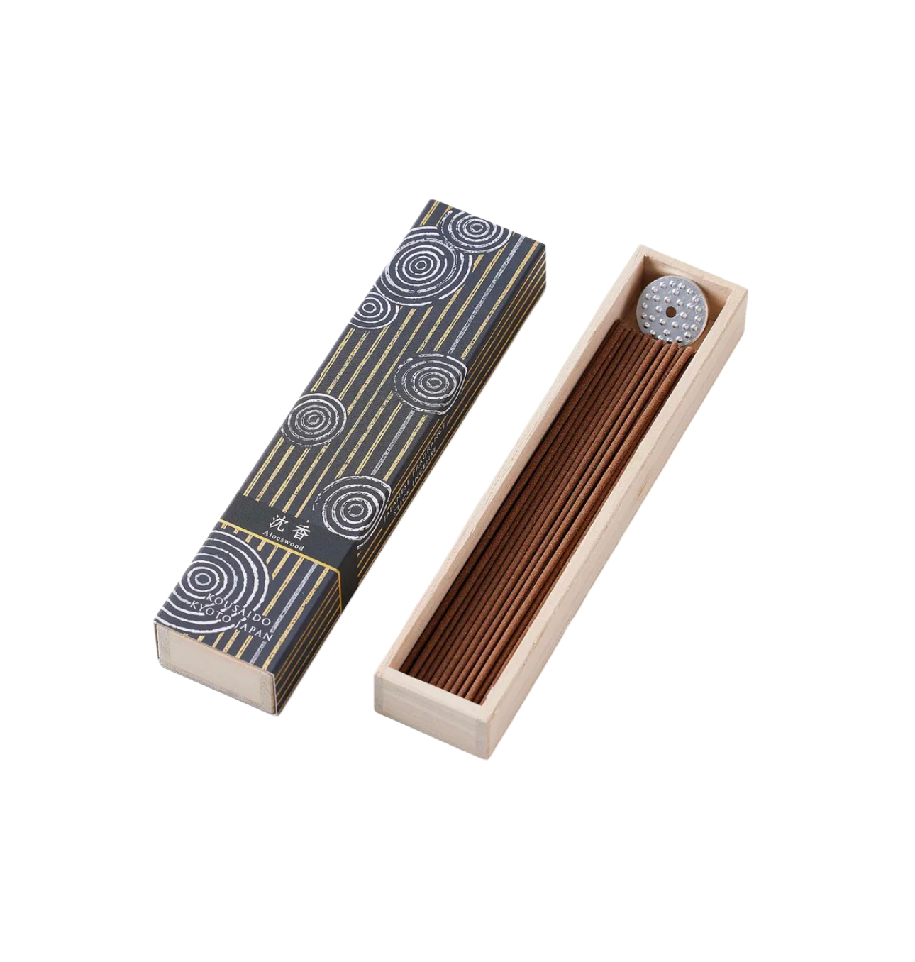 KOUSAIDO – Hyakuraku-ka Jinkō AGARWOOD (40 szt. + aluminiowa podstawka na kadzidło)