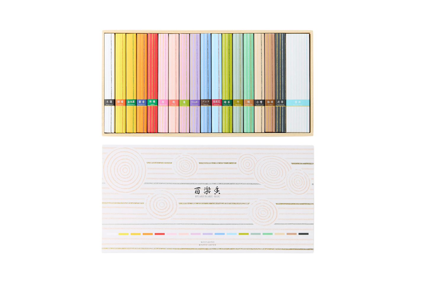 KOUSAIDO Hyakurakuko – zestaw 17 rodzajów kadzidełek (17x6szt. + długa podstawka na kadzidło)