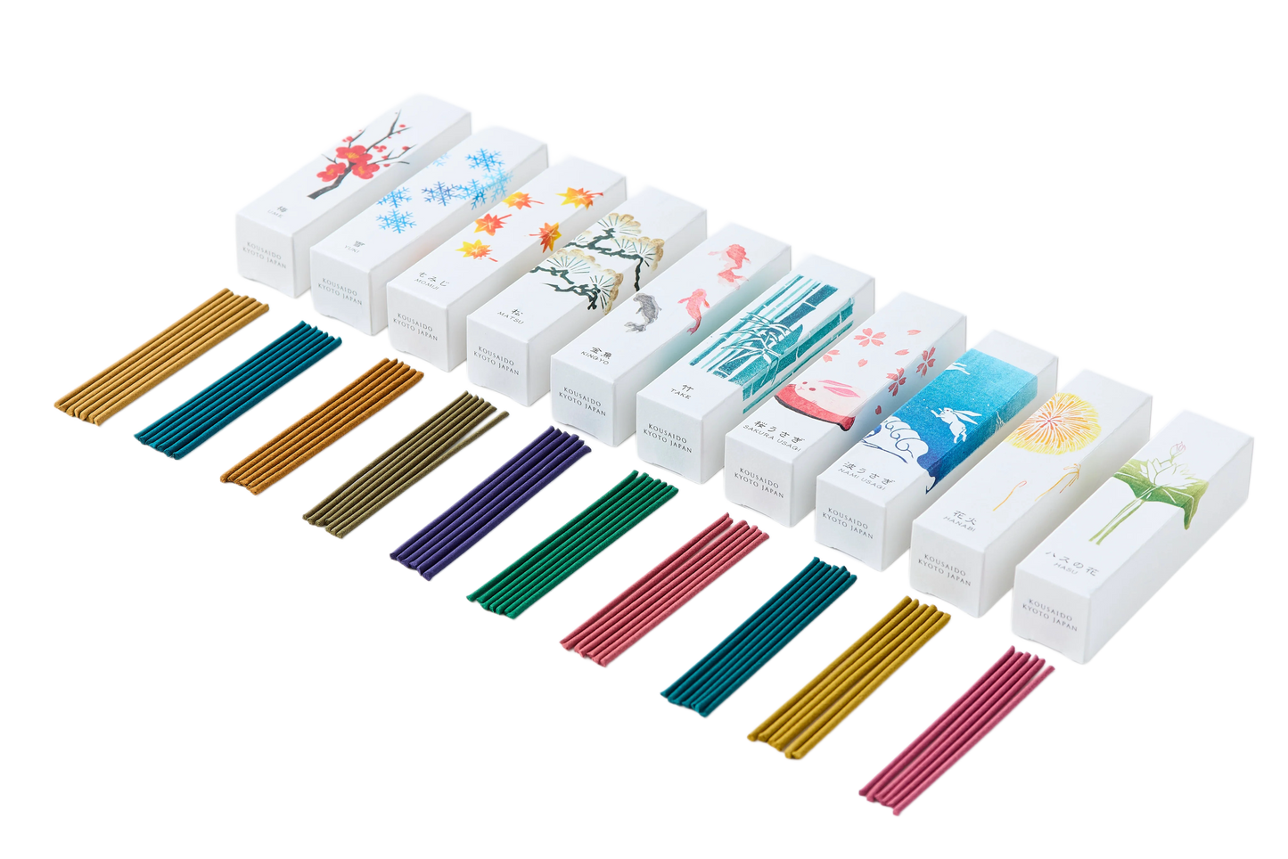 KOUSAIDO - Zestaw HANGA INCENSE (10x20 szt. + naczynie i podstawka na kadzidło)