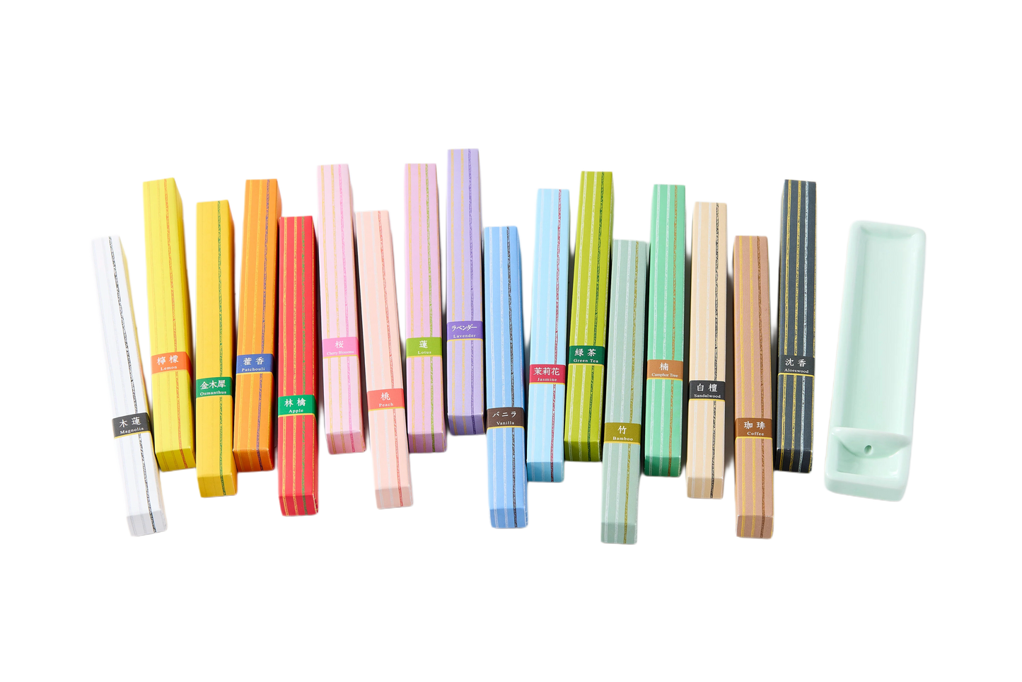 KOUSAIDO Hyakurakuko – zestaw 17 rodzajów kadzidełek (17x6szt. + długa podstawka na kadzidło)