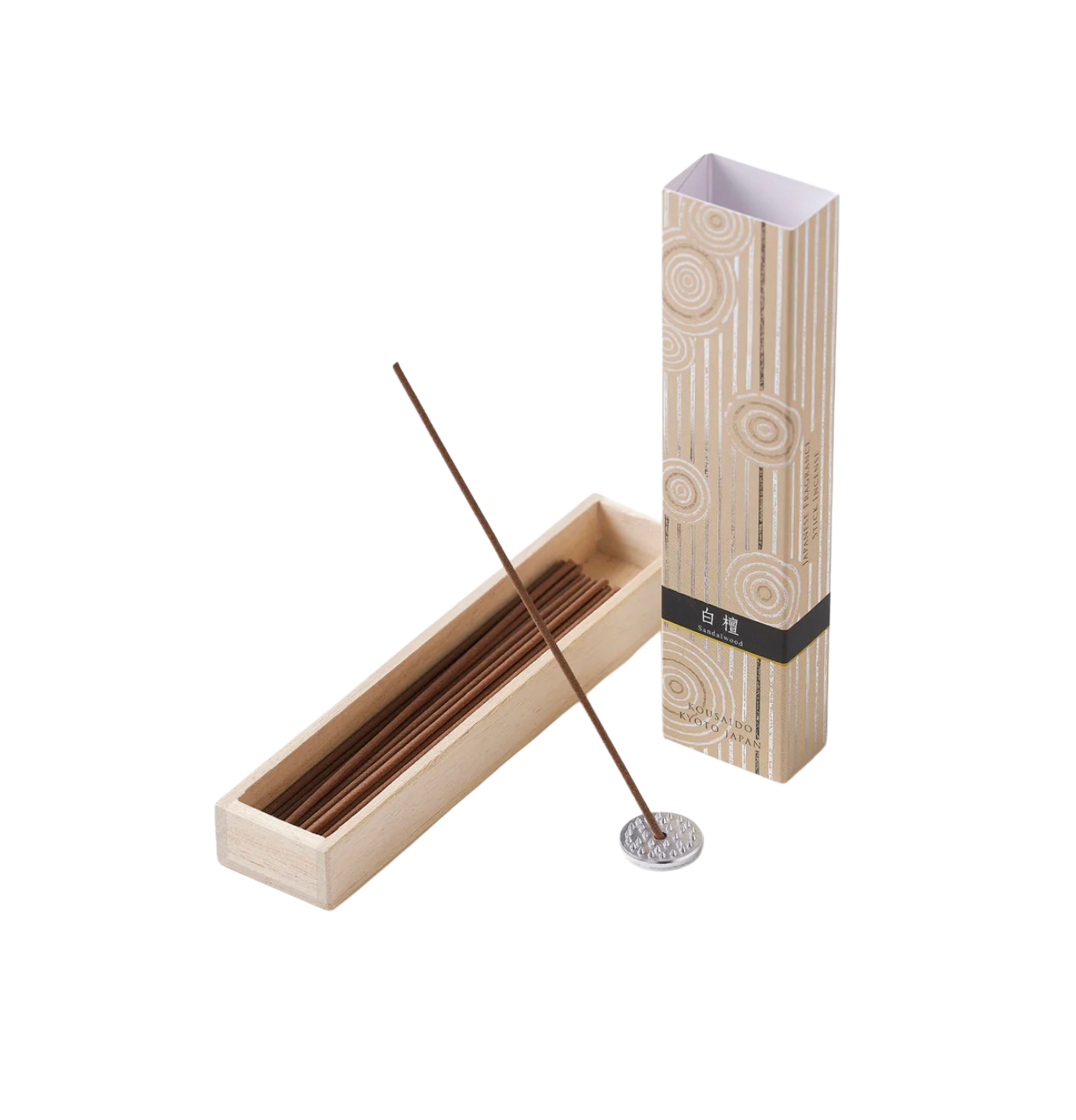 KOUSAIDO – Hyakuraku-ka Byakudan DRZEWO SANDAŁOWE (40 szt. + aluminiowa podstawka na kadzidło)