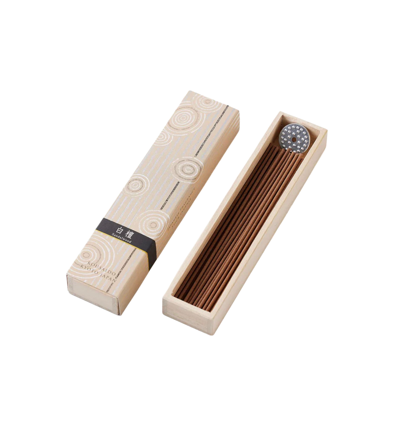 KOUSAIDO – Hyakuraku-ka Byakudan DRZEWO SANDAŁOWE (40 szt. + aluminiowa podstawka na kadzidło)