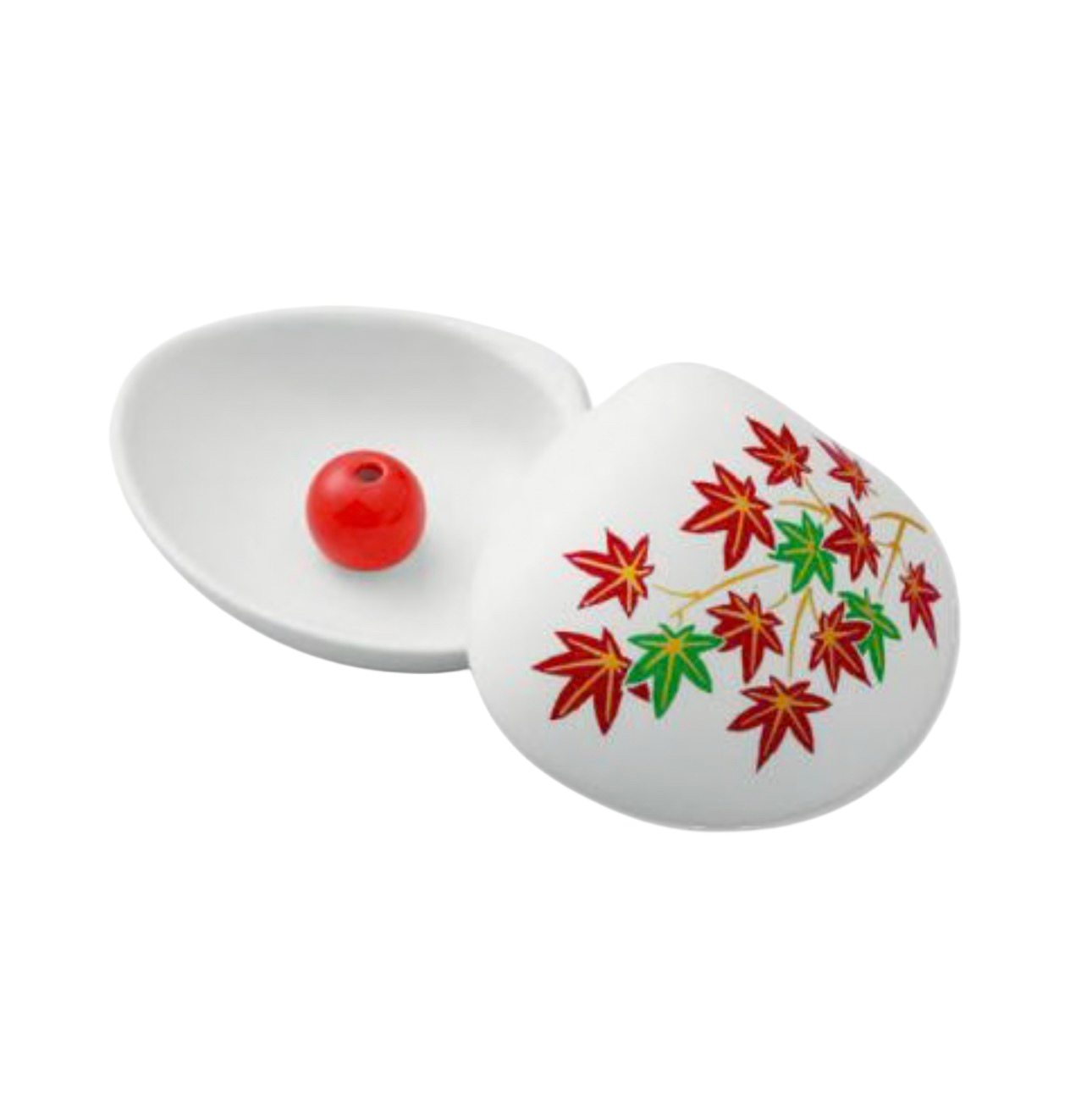 Podstawka na kadzidło w kształcie muszli, motyw czerwonych liści – biała