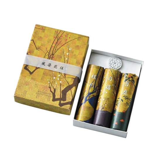 KOUSAIDO – Katsuragawa / Taikō / Hakubaikō – zestaw mieszany kadzidełek (3x15 szt. + aluminiowa podstawka na kadzidło)