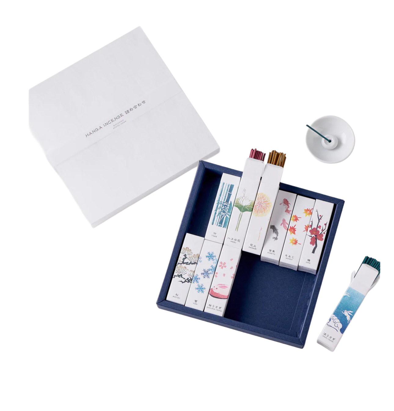 KOUSAIDO - Zestaw HANGA INCENSE (10x20 szt. + naczynie i podstawka na kadzidło)