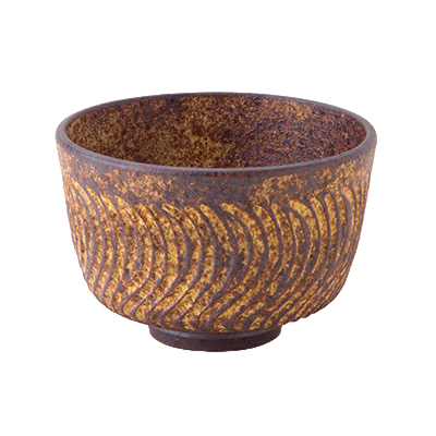 Matcha-wan Kichayū Nejiri Sogimon﻿ – czarka do matchy w żółto-brązowej glazurze z spiralnym wzorem Sogimon﻿