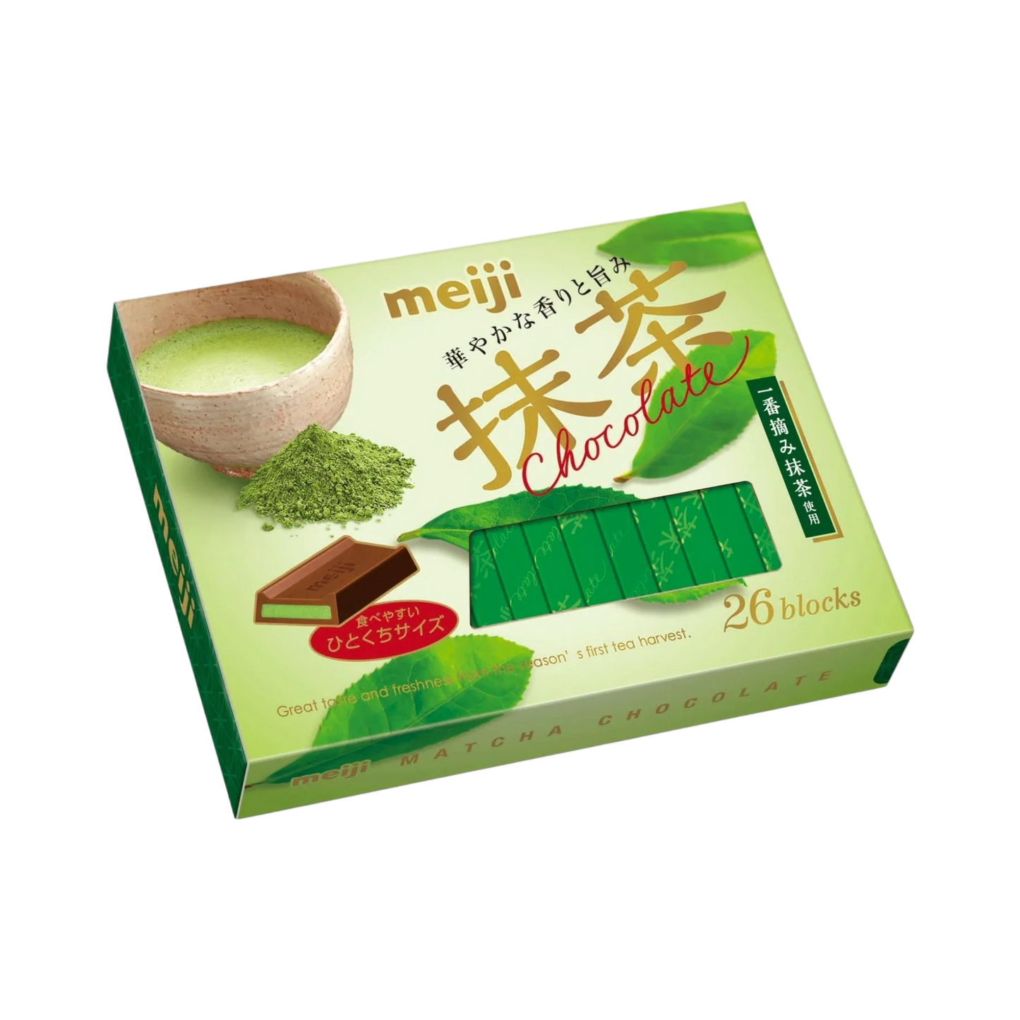 Meiji Matcha Chocolate Box﻿ – pudełko z czekoladkami o smaku matcha, 26 sztuk.